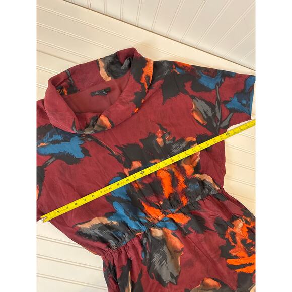 Kenneth Cole Silk Mini Dress Maroon Geometric Floral Vintage Styled Boho Size L - Picture 3 of 7